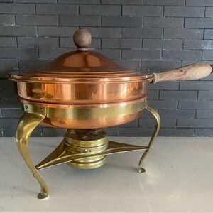 Copper and Brass Chafing Dish with Wooden Handle Made in Italy 9” Pan